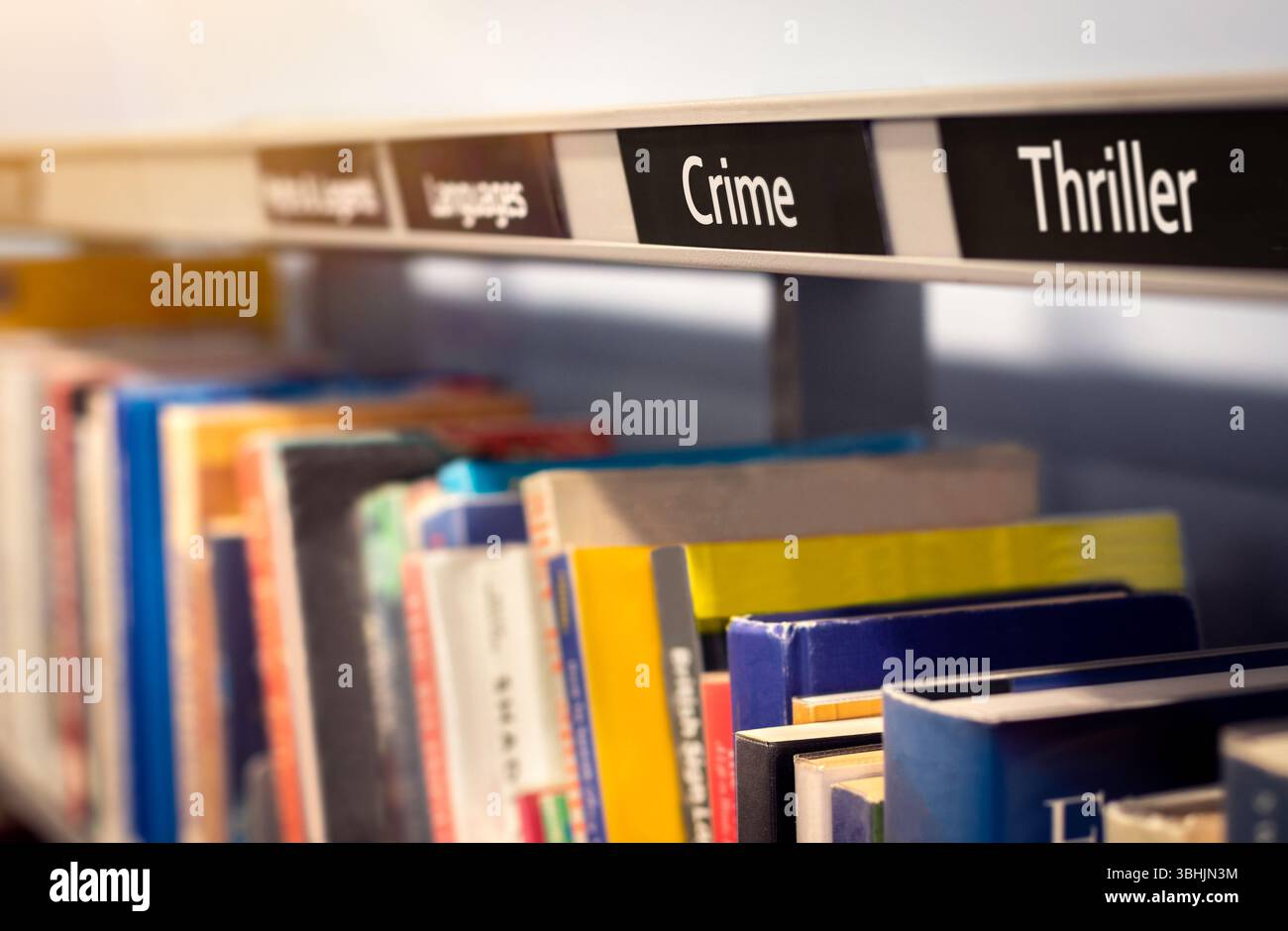 Romanzi polizieschi e thriller impilati sullo scaffale dei romanzi sotto le categorie. Lettura di una scena in biblioteca o in libreria che raffigura libri di racconti di vari autori. Foto Stock