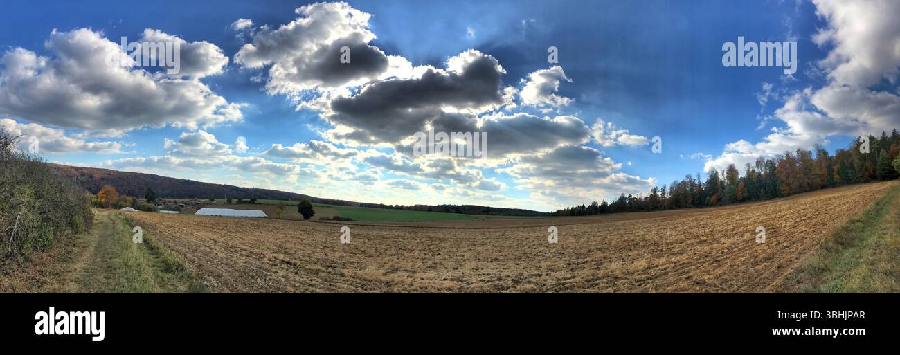 Scenario agricolo panoramico con terreni agricoli, cielo aperto e morbide e suggestive nuvole. Foto Stock