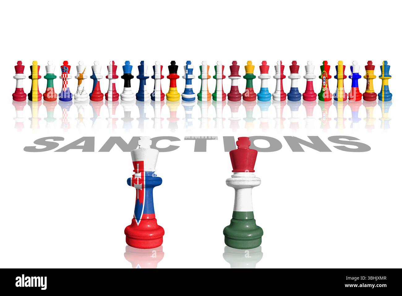 Scacchi fatti da bandiere dei membri dell'UE con SANZIONI a parole. Protesta tra Slovacchia e Ungheria Foto Stock