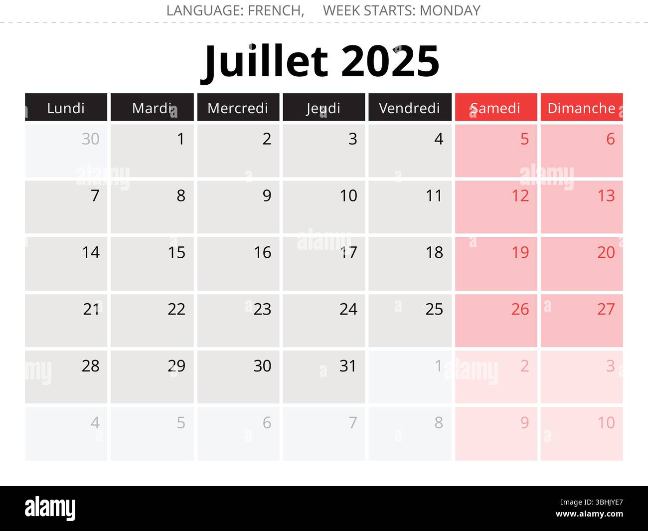 Calendario francese per luglio 2025. Illustrazione vettoriale di un mese per la Francia - calendario juillet Illustrazione Vettoriale