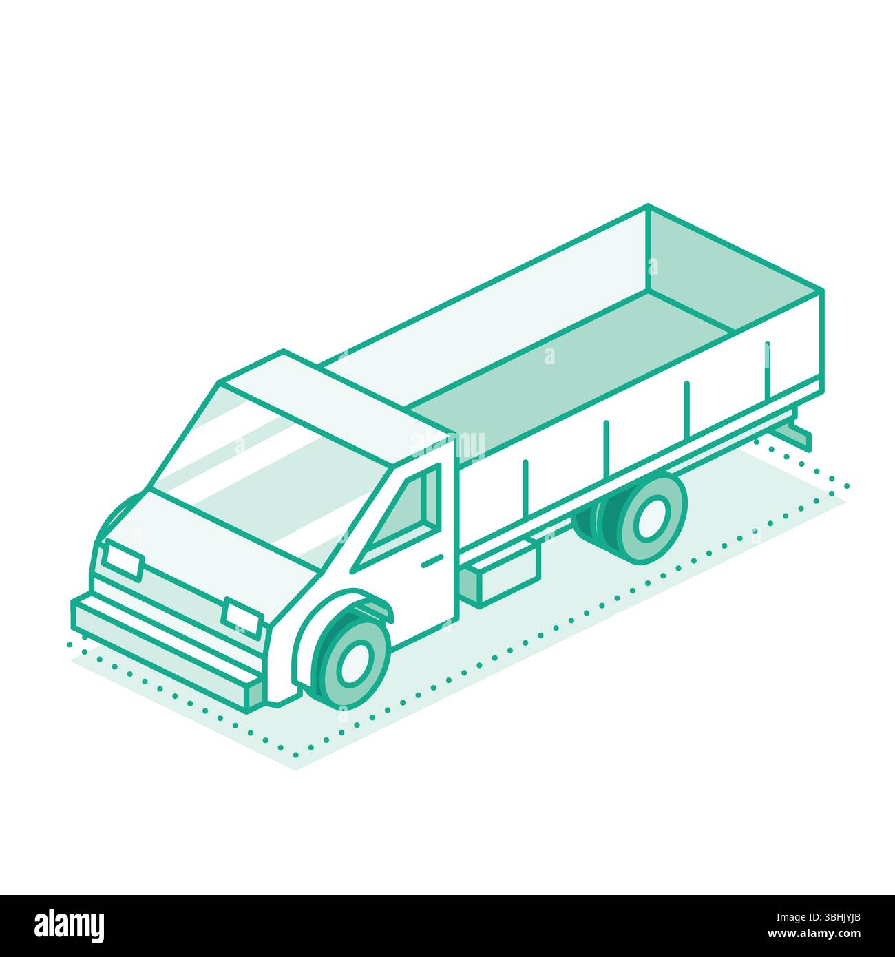 Sagoma isometrica del carrello di carico con pannelli laterali in legno. Stile grafico di linea. Logistica, trasporto e costruzione. Autocarro con pianale. Carrello per impieghi medi Illustrazione Vettoriale