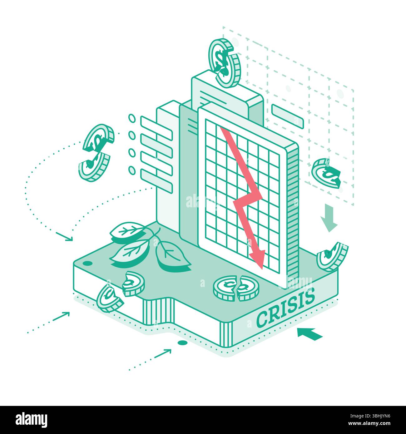 Crisi economica. Concetto di contorno isometrico. Freccia rossa che scende sul grafico. Illustrazione vettoriale. Monete da un dollaro spezzate, un grafico in caduta, l'iscrizione CRI Illustrazione Vettoriale