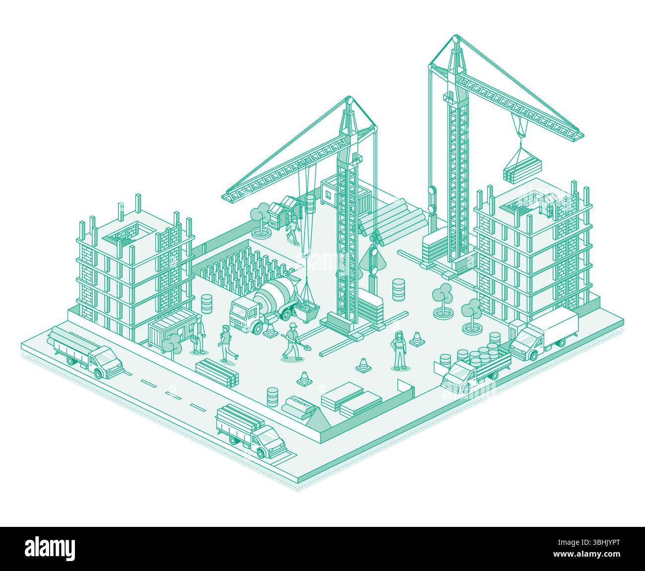 Cantiere attivo con gru, lavoratori, costruttori e grattacieli in fase di sviluppo. Processo di costruzione. Illustrazione vettoriale. Stile grafico di linea. IO Illustrazione Vettoriale