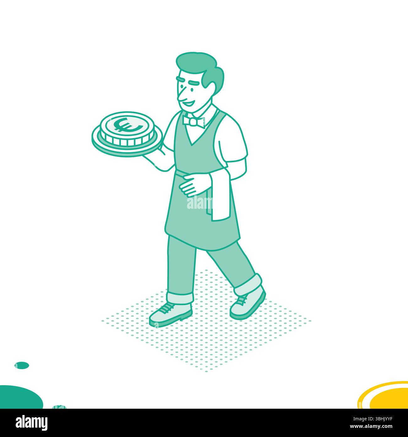 Cameriere sorridente che porta un vassoio con una moneta in euro. Concetto di metafora finanziaria. Grafica in stile lineare verde. Illustrazione vettoriale. Illustrazione Vettoriale