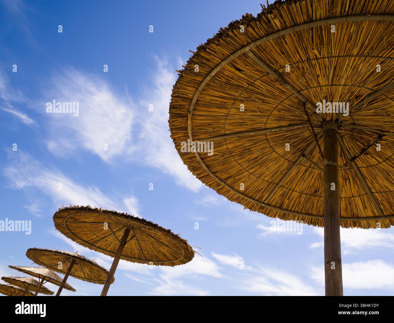 Ombrellone rustico visto dal basso con forme ripetute e cielo pulito. Calda atmosfera estiva e composizione morbida. Foto Stock