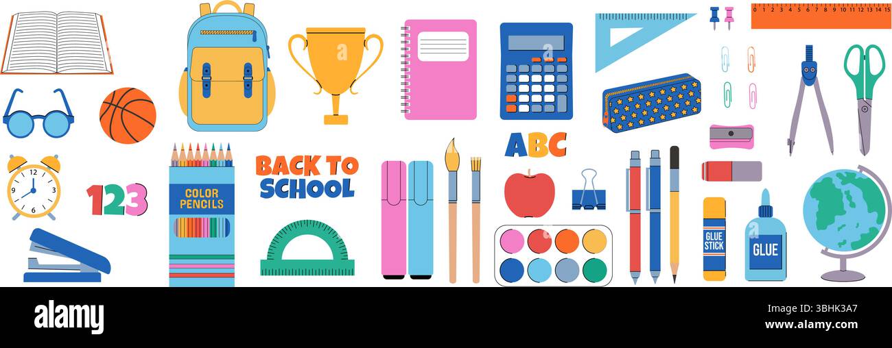 Torna a scuola. Grande serie vettoriale di forniture scolastiche isolate. Illustrazione Vettoriale