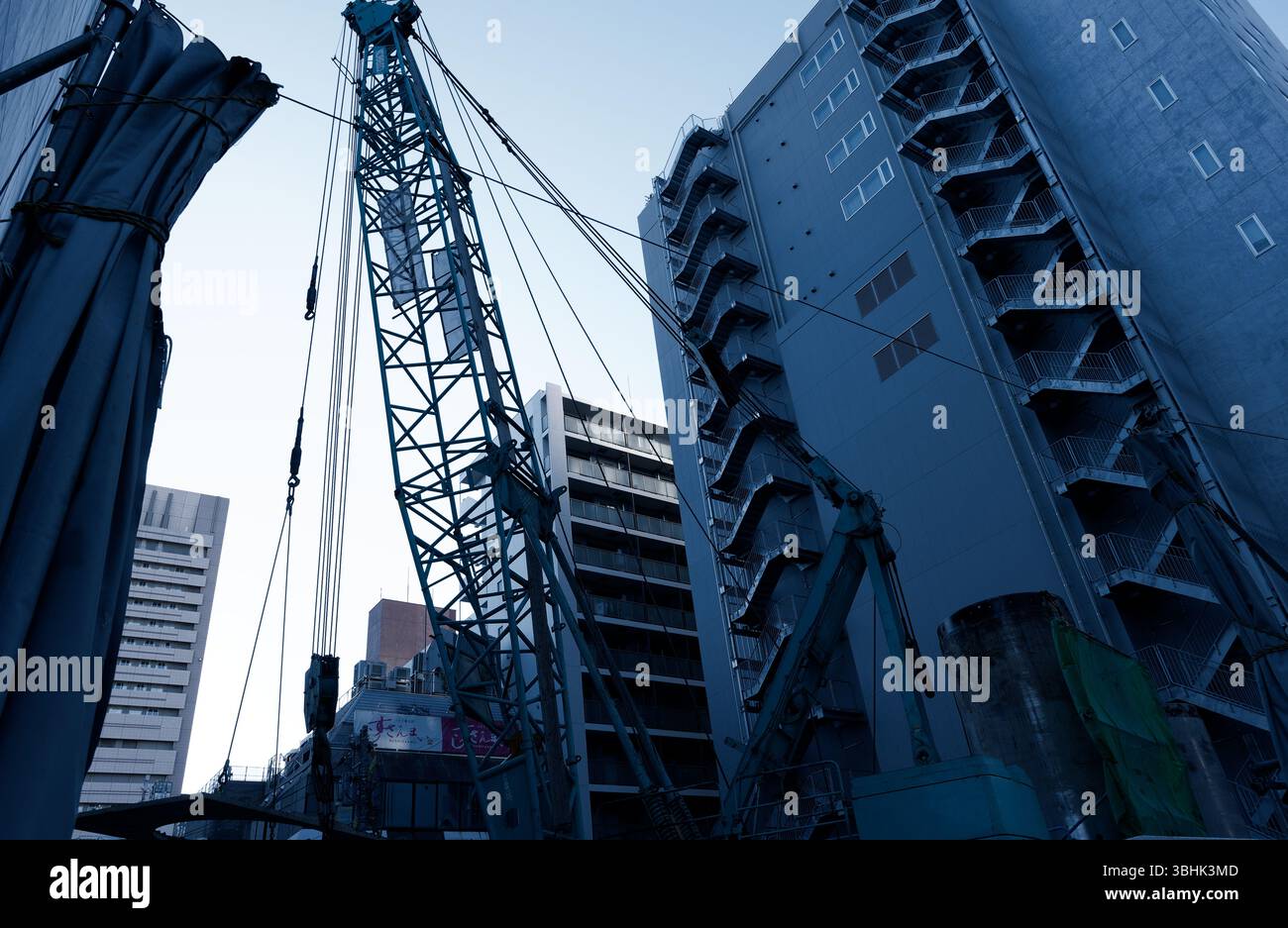 Le gru blu si estendono tra i grattacieli di Tokyo Foto Stock