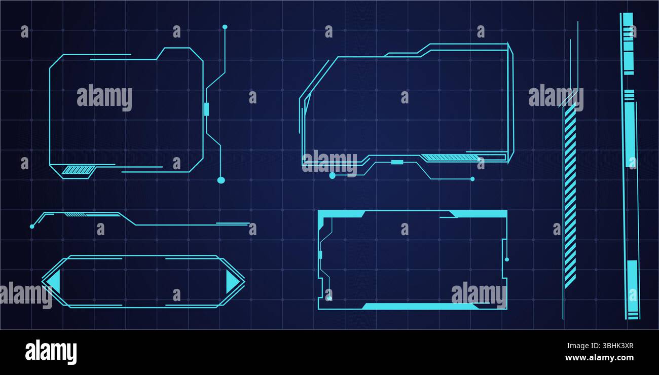 Frame HUD interfaccia utente futuristica, menu interfaccia astratta riga. Elemento di design Tech cyberspace Border sci fi. Impostare il pannello del cruscotto della scheda moderna, gui. Illustrazione vettoriale Illustrazione Vettoriale
