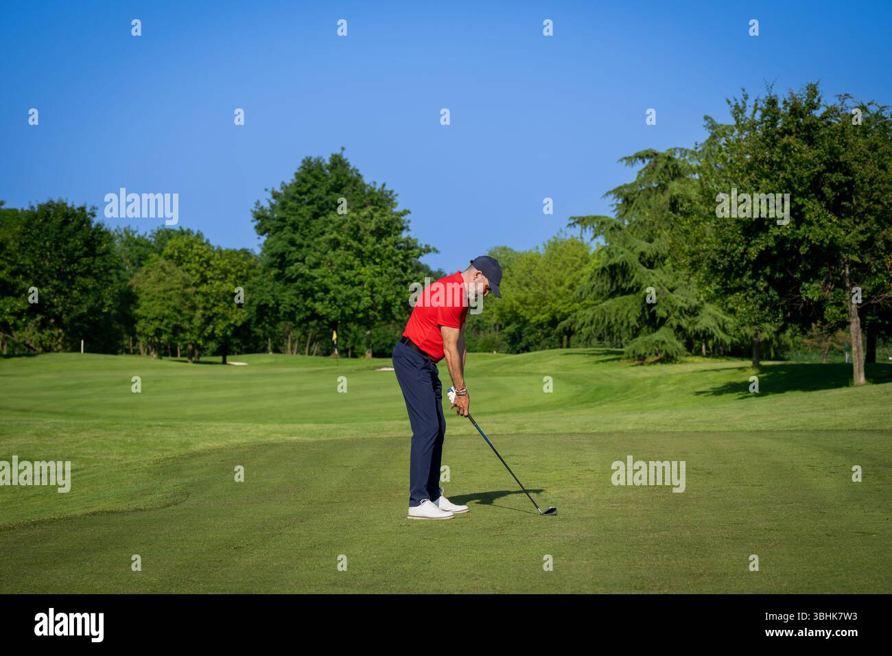 Il golfista si sta concentrando e si sta preparando a far oscillare il suo club in una splendida giornata di sole sul campo da golf Foto Stock