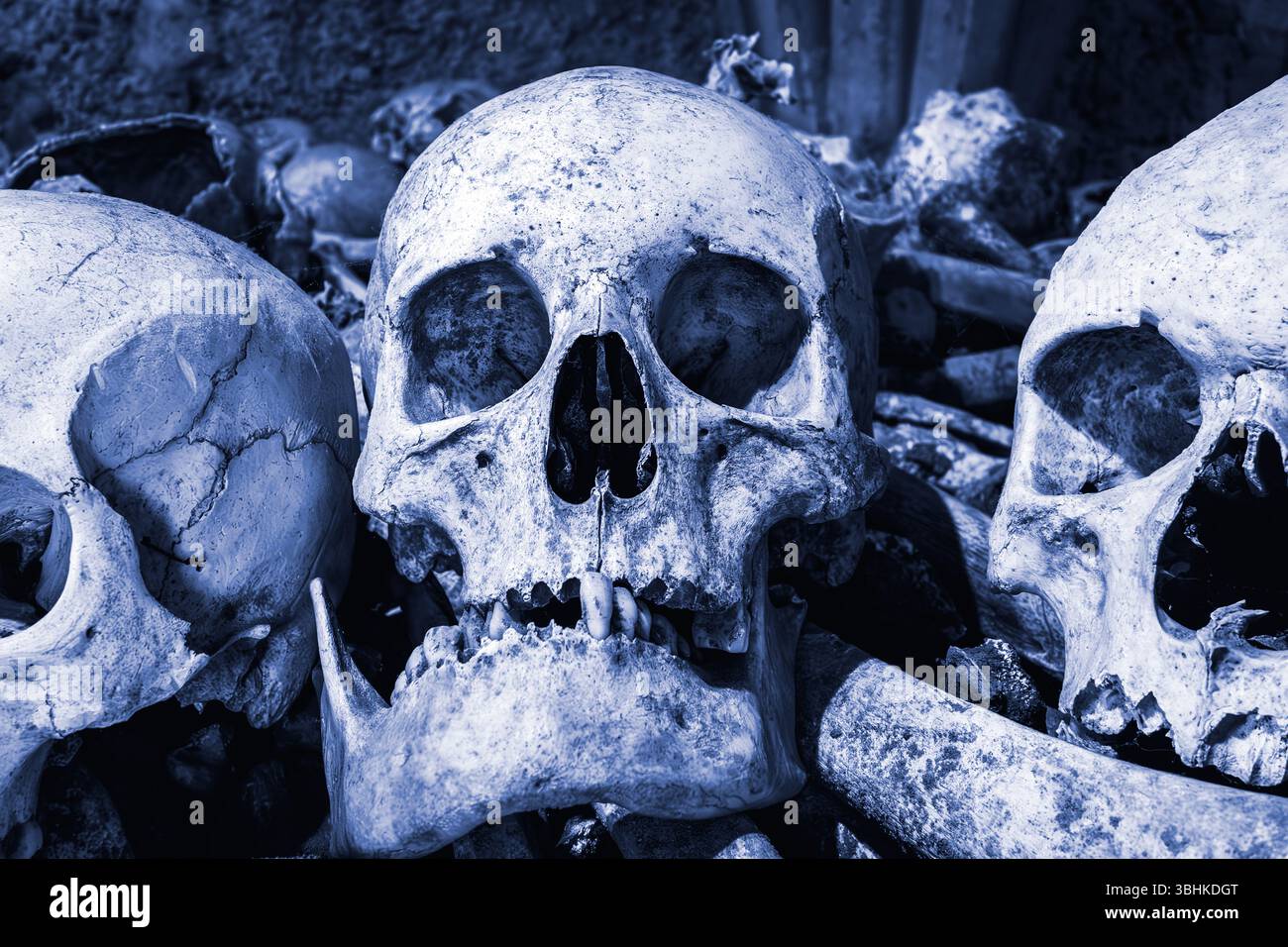Una cupa mostra di teschi umani esposta nell'ossario della chiesa di St. Leonard, situata a Hythe, nel Kent, nel Regno Unito, raffigurata in una tonalità blu monocromatica Foto Stock