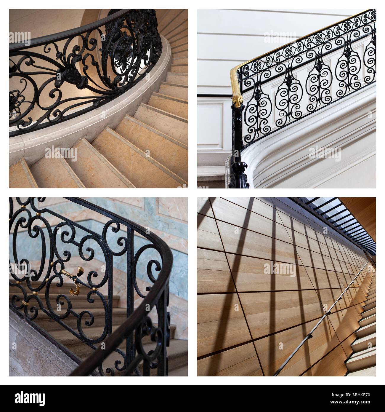 Collage fotografico di scale e ringhiere per scale Foto Stock