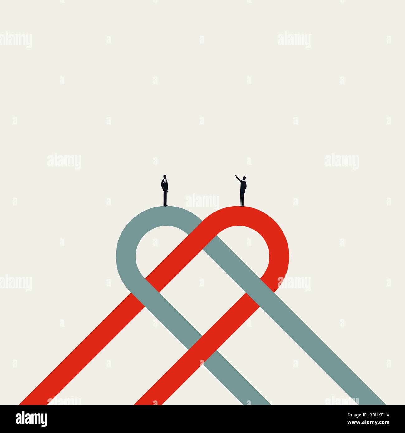 Business crossing path e concetto di vettore di opportunità. Simbolo dell'incontro, della scelta. Illustrazione eps10 dal design minimalista. Illustrazione Vettoriale