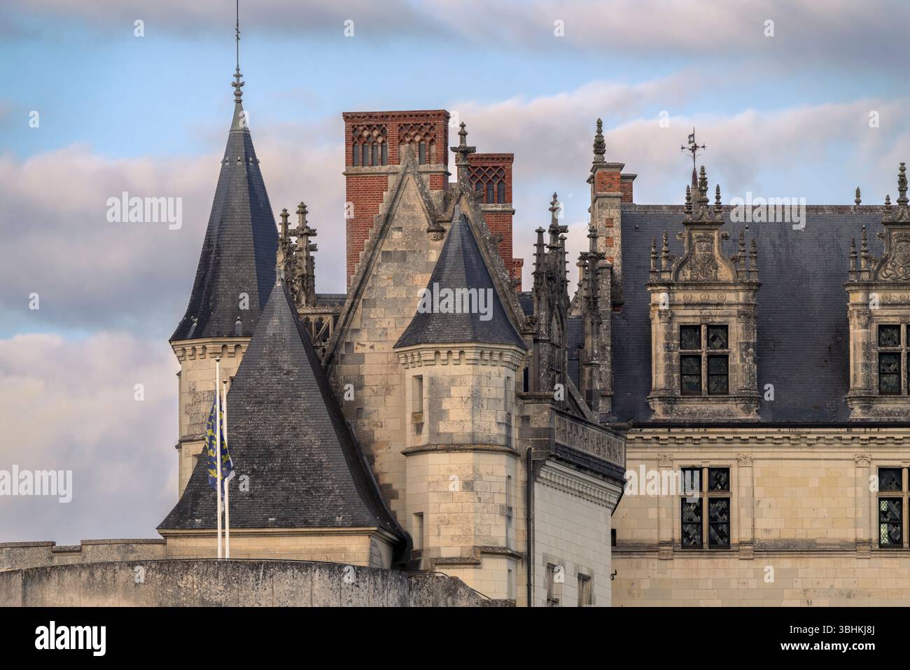 L'imponente Château d'Amboise mostra l'architettura medievale della fortezza con imponenti mura e torri difensive che si affacciano sulla Valle della Loira. Foto Stock