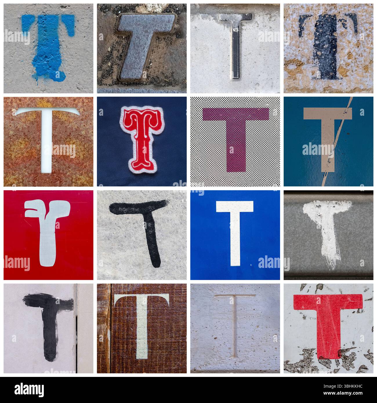 Raccolta di 16 lettere T maiuscole scattate sulle strade urbane Foto Stock