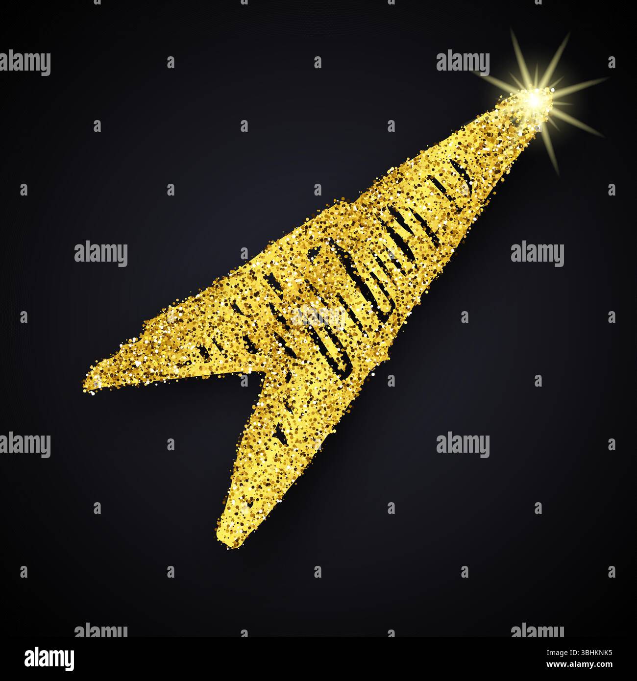 Freccia disegnata a mano con glitter dorato. Freccia Doodle con effetto glitter dorato su sfondo scuro. Illustrazione vettoriale Illustrazione Vettoriale