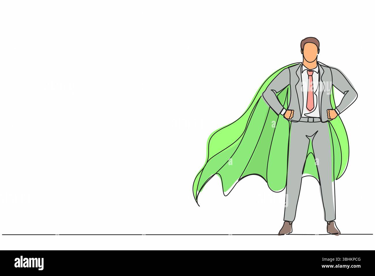 Un uomo d'affari con una sola linea che indossa un mantello da supereroe. Tutta la lunghezza di un uomo d'affari vestito da supereroe. Un uomo d'affari di successo, supereroe in cloa Illustrazione Vettoriale
