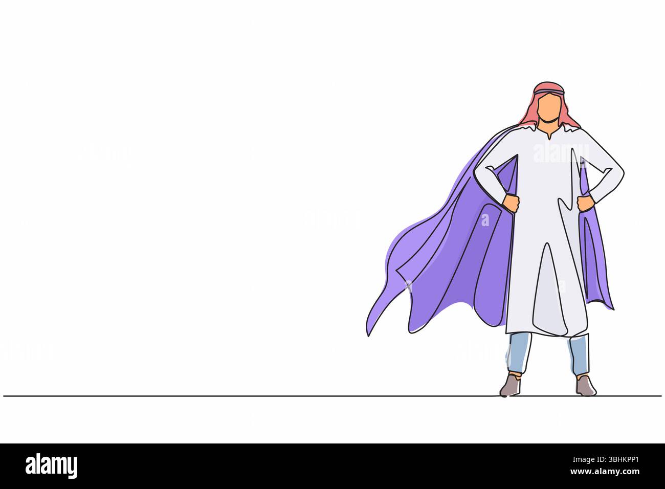 Una linea continua che disegna un uomo d'affari arabo che indossa un mantello da supereroe. Tutta la lunghezza di un uomo d'affari vestito da supereroe. Uomo d'affari di successo superher Illustrazione Vettoriale