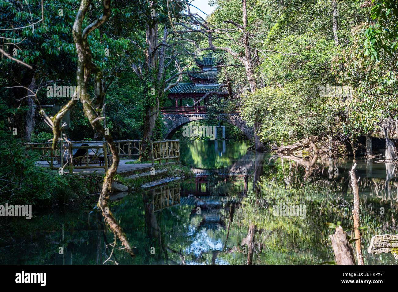 Un parco pubblico lungo un torrente nella foresta. Provincia di Fujian, Cina. Foto Stock