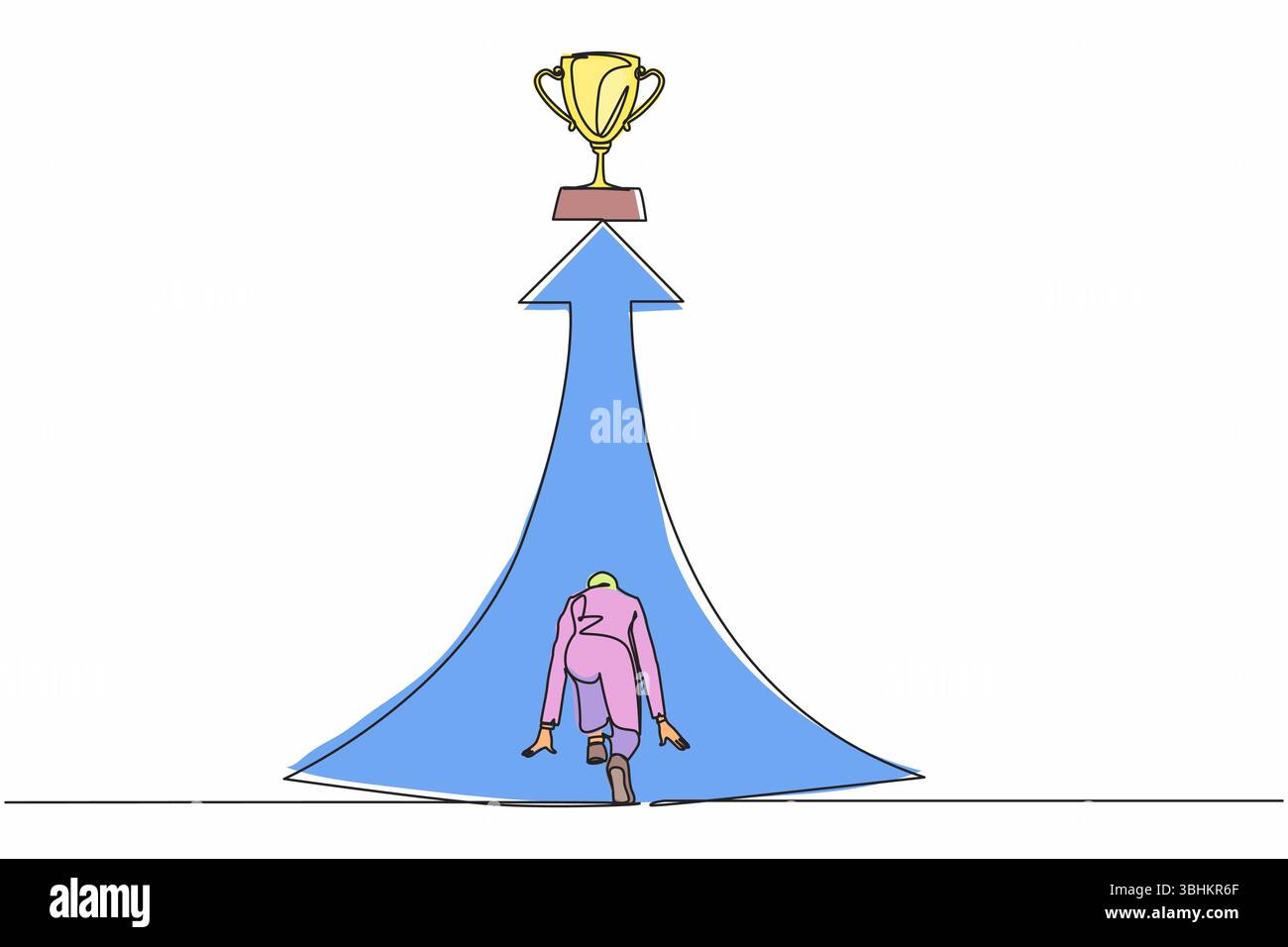 Singola linea continua che disegna indietro la donna d'affari araba pronta a correre al trofeo alla fine del percorso. Vision mission, obiettivo del business. La donna corre a. Illustrazione Vettoriale