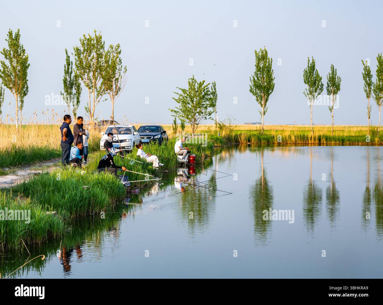 La gente della città viene a pescare intorno a uno stagno in campagna. Provincia di Heilongjiang, Cina. Foto Stock