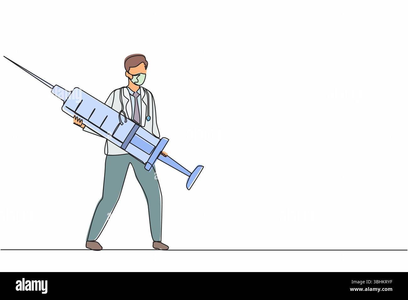 Il medico maschile con linea continua singola contiene una siringa grande con vaccino. Il medico previene le epidemie. Concetto di vaccinazione. Virus COVID-19. Attivazione dinamica Illustrazione Vettoriale