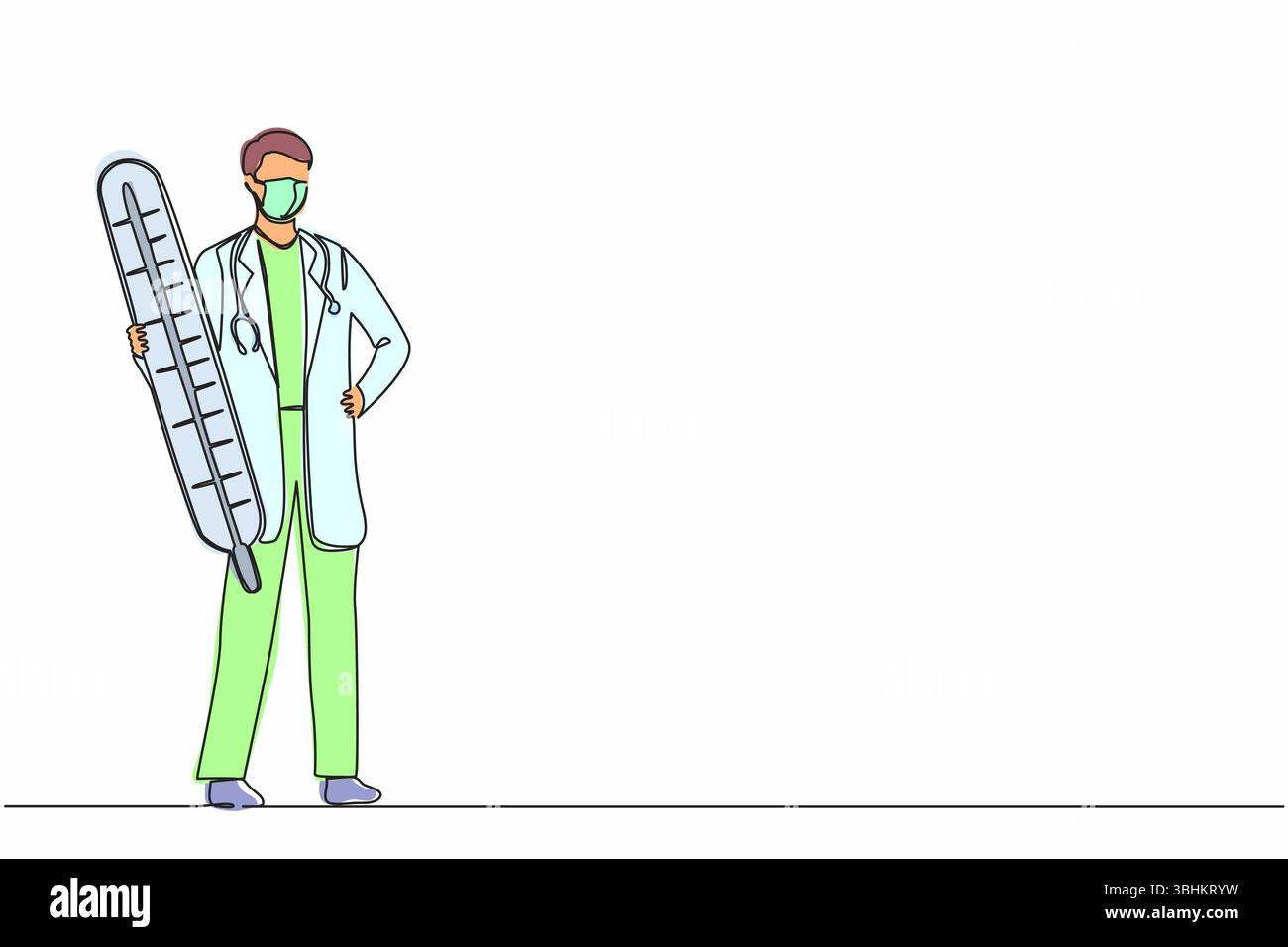 Continuo una linea di disegno terapeuta medico con maschera sul suo viso portare termometro in ospedale. Infermiere maschio o medico in abito medico con stet Illustrazione Vettoriale