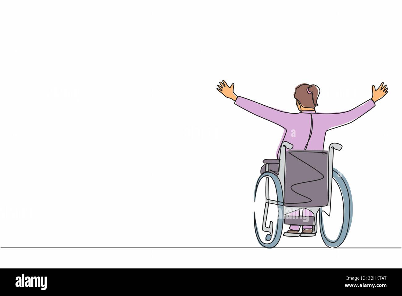 Una sola linea che disegna indietro la donna d'affari seduta in sedia a rotelle, alzando le braccia per felicità, concetto di riabilitazione. Persona felice che cresce il suo han Illustrazione Vettoriale