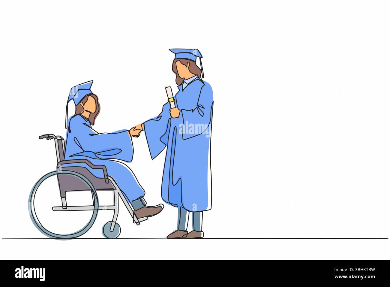 Una linea continua che disegna l'intera lunghezza di una studentessa laureata in sedia a rotelle che scuote la mano con una studentessa laureata in piedi e che tiene il diplom Illustrazione Vettoriale
