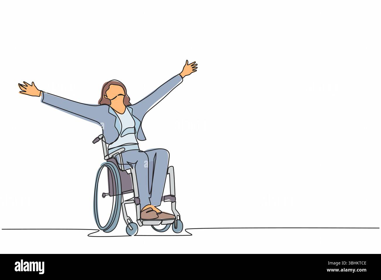 Una sola linea disegna una donna d'affari seduta su sedia a rotelle, alzando la mano nella felicità, concetto di riabilitazione. Persona felice che alza le mani in alto Illustrazione Vettoriale