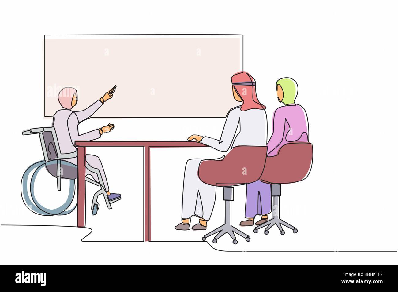 Continuo disegno di una linea disabile donna d'affari araba che dà presentazione ai colleghi. Collega che ascolta il dirigente disabili in sedia a rotelle pr Illustrazione Vettoriale