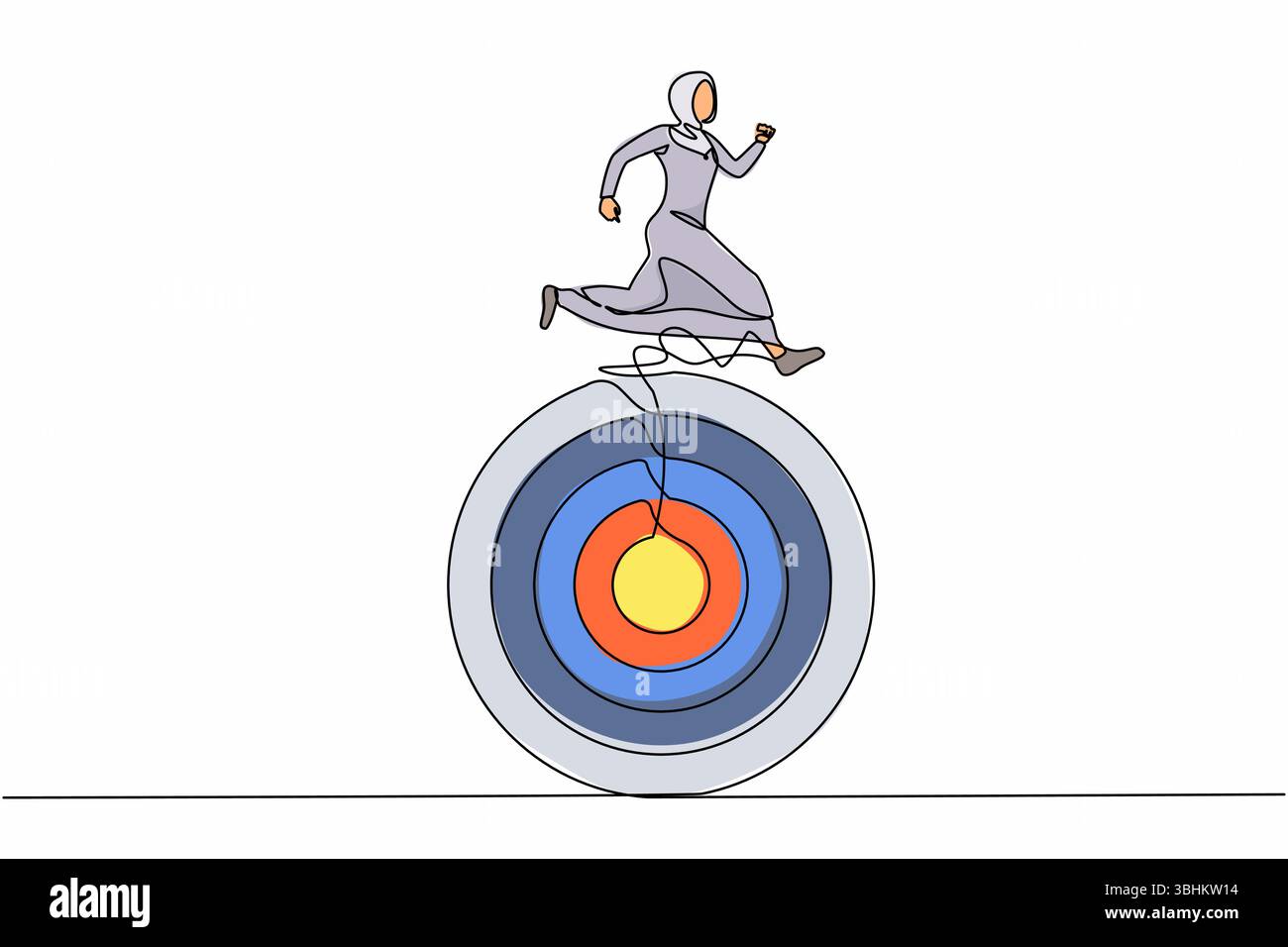 Linea unica continua che disegna una donna d'affari araba andare avanti con gli obiettivi. Donna che corre sul bersaglio. Concorrenza aziendale per il successo. Carriera di marketing Illustrazione Vettoriale