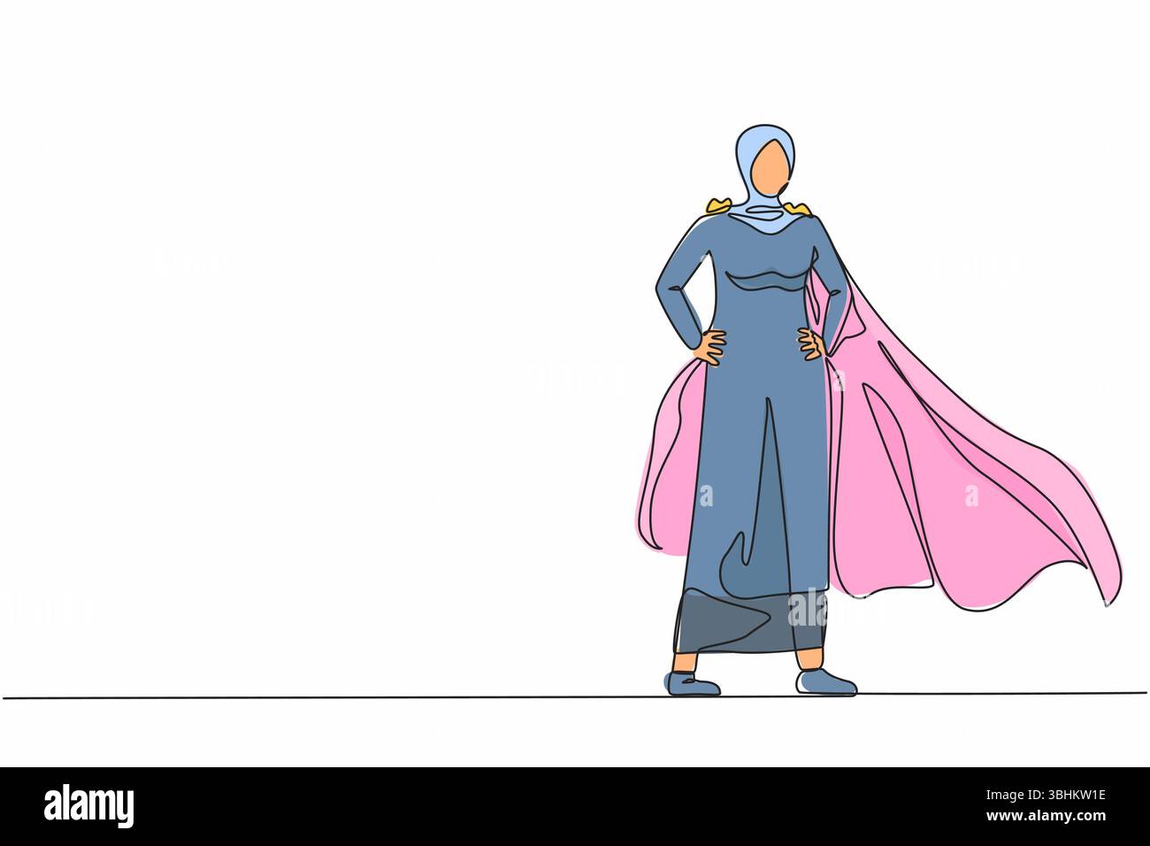 Linea singola continua che disegna una donna d'affari araba che indossa un mantello da supereroe. Tutta la lunghezza di un uomo d'affari vestito da supereroe. Donne d'affari di successo Illustrazione Vettoriale