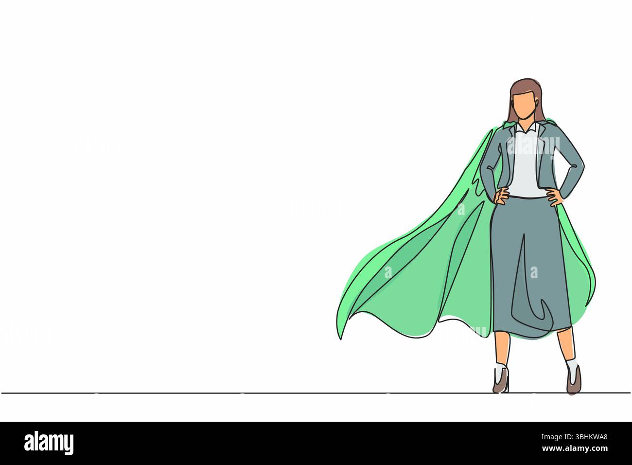 Una donna d'affari che disegna una linea continua e indossa un mantello da supereroe. Tutta la lunghezza di un uomo d'affari vestito da supereroe. Donna d'affari di successo, superh Illustrazione Vettoriale