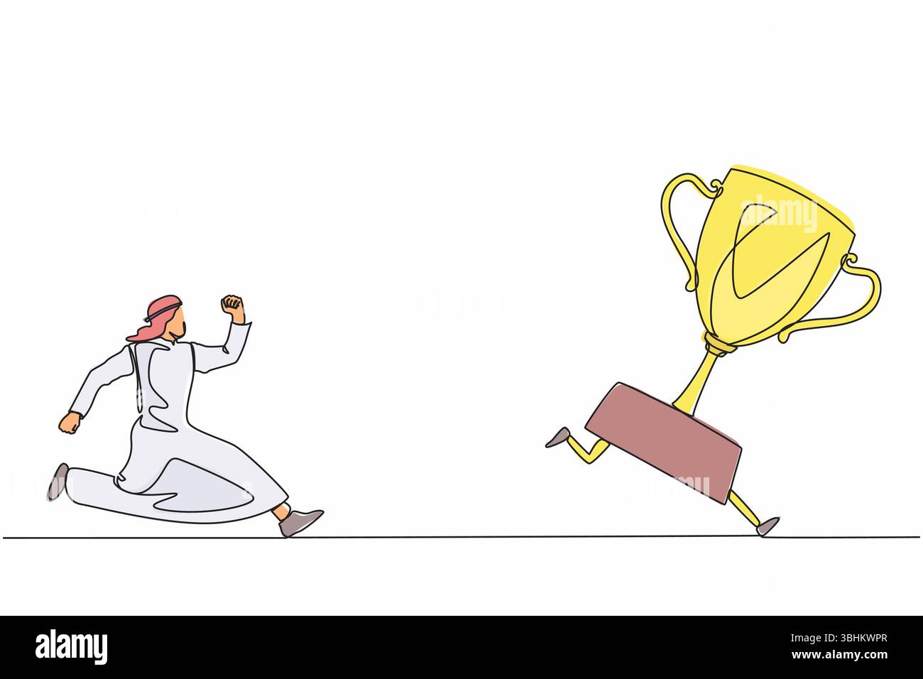 Una sola linea che attira un uomo d'affari arabo che cerca di prendere il trofeo. Uomo che corre e insegue la Coppa dei vincitori dopo la fuga. Metafora della sfida aziendale. Conti Illustrazione Vettoriale