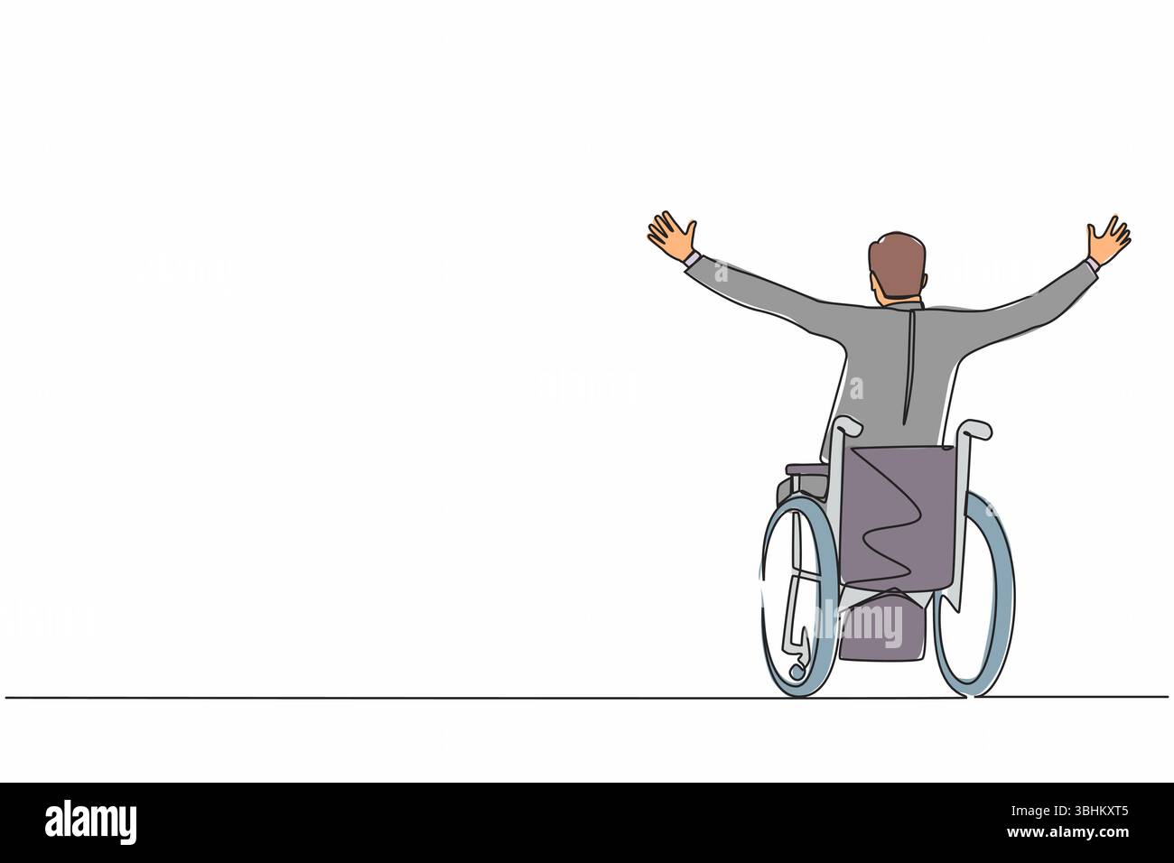 Una linea singola che disegna indietro l'uomo d'affari seduto in sedia a rotelle, alzando le braccia per felicità, concetto di riabilitazione. Persona felice che alza le mani Illustrazione Vettoriale