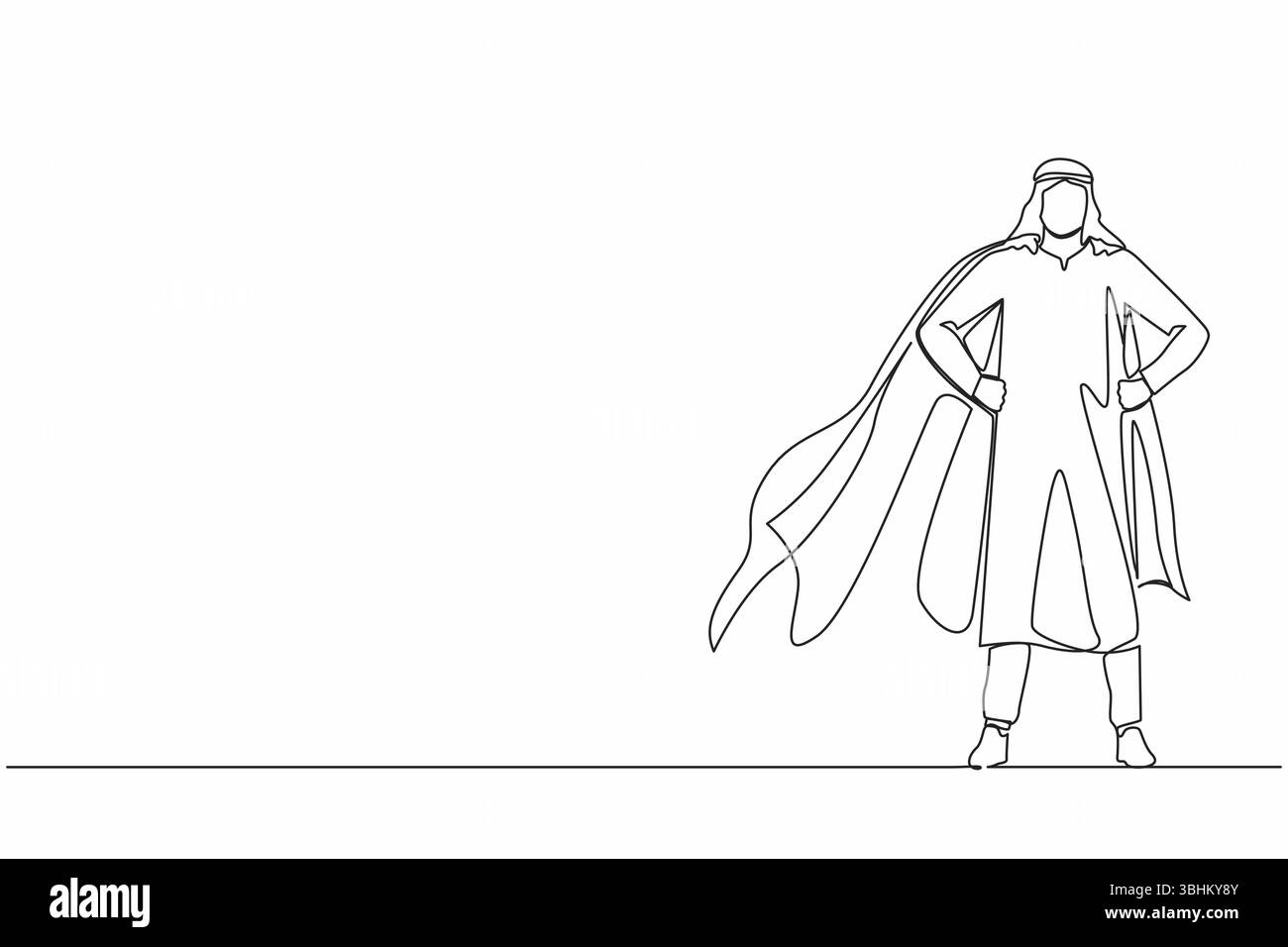 Una linea continua che disegna un uomo d'affari arabo che indossa un mantello da supereroe. Tutta la lunghezza di un uomo d'affari vestito da supereroe. Uomo d'affari di successo superher Illustrazione Vettoriale