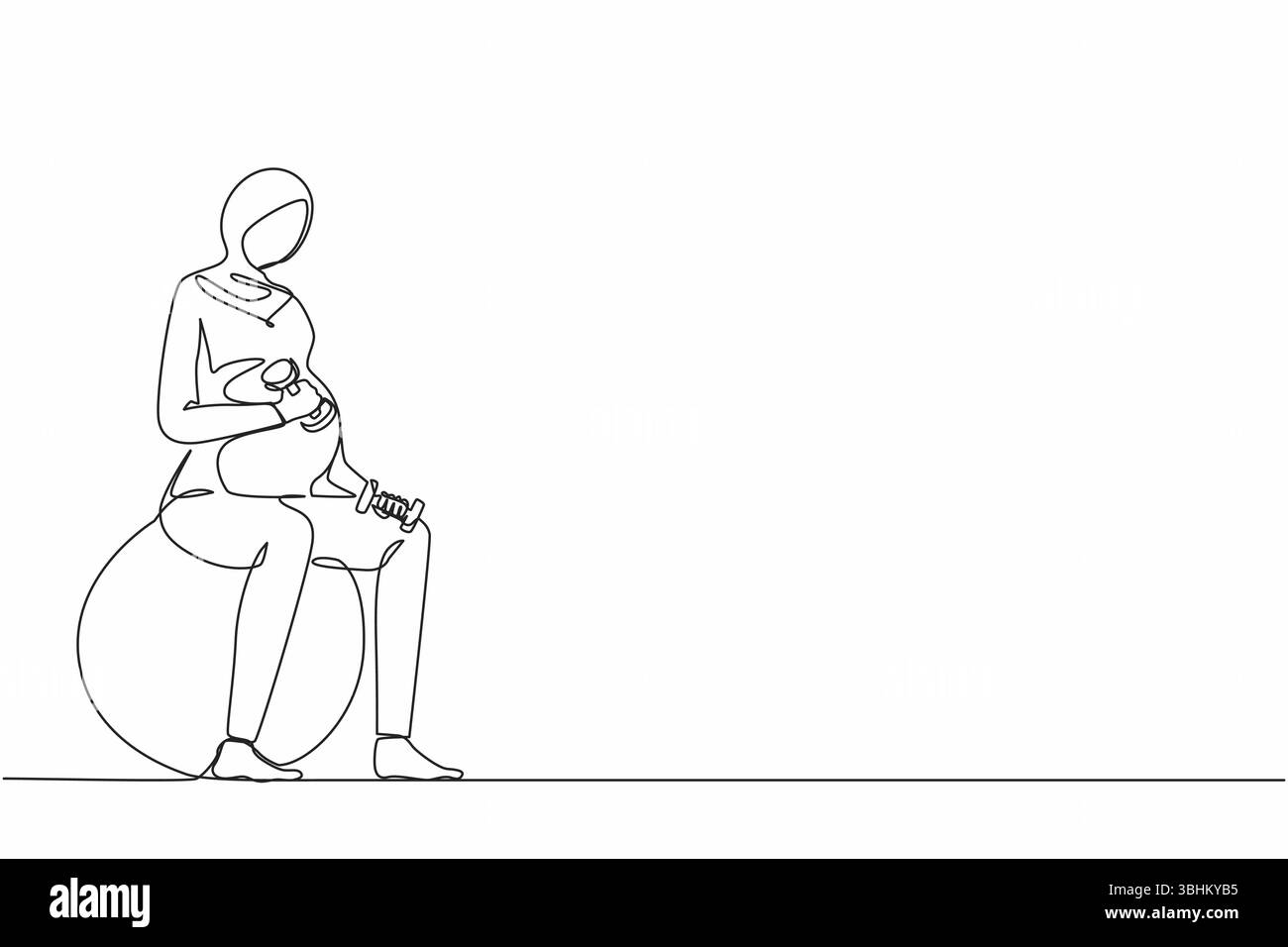 Linea singola continua disegnando bellissime donne incinte arabe esercizi con allenamento di fitness con pesi leggeri in palestra. fitness, gravidanza co Illustrazione Vettoriale