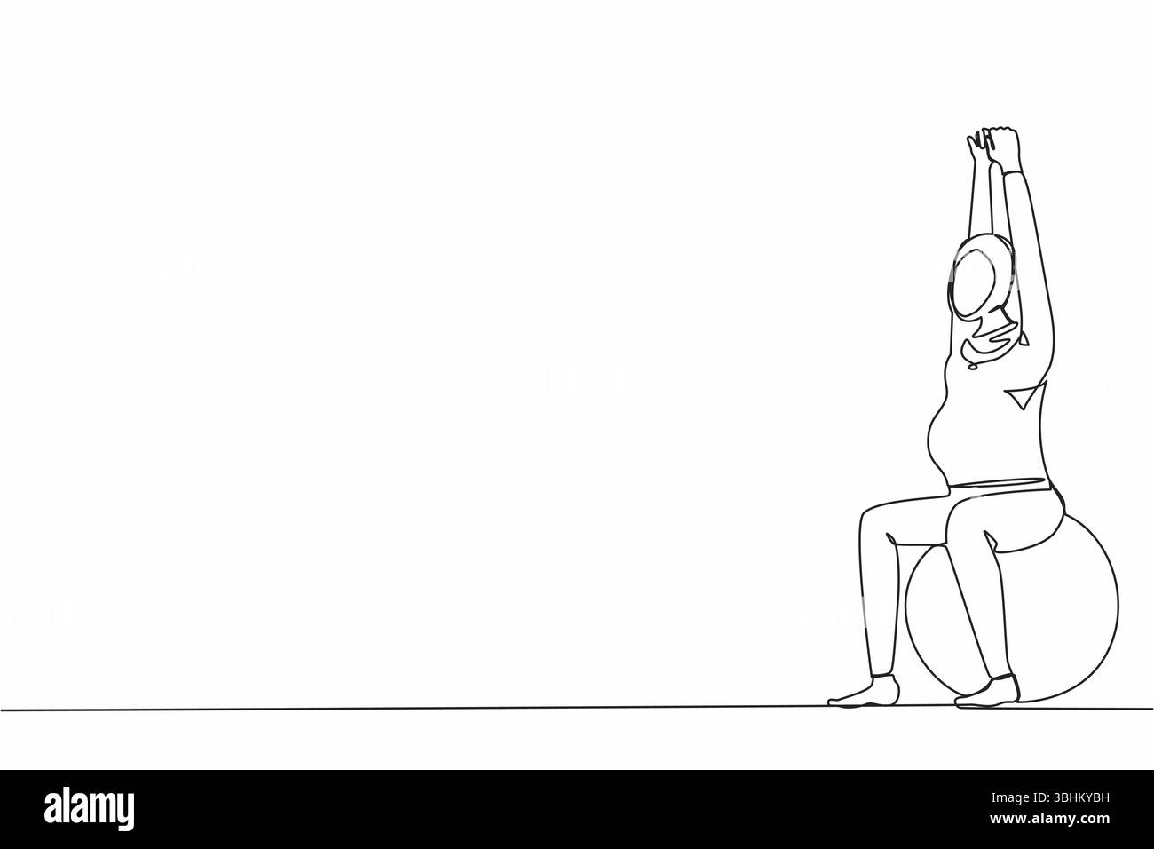 Yoga con una sola linea disegnata per donne incinte arabe. Sport di fitness durante la gravidanza. Stile di vita sano e relax. Ragazza con la palla fitness Illustrazione Vettoriale