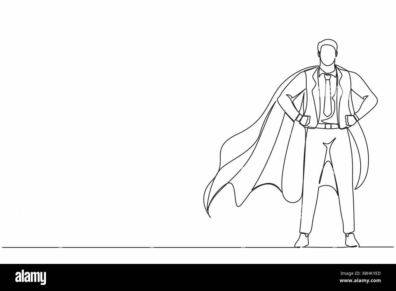 Un uomo d'affari con una sola linea che indossa un mantello da supereroe. Tutta la lunghezza di un uomo d'affari vestito da supereroe. Un uomo d'affari di successo, supereroe in cloa Illustrazione Vettoriale