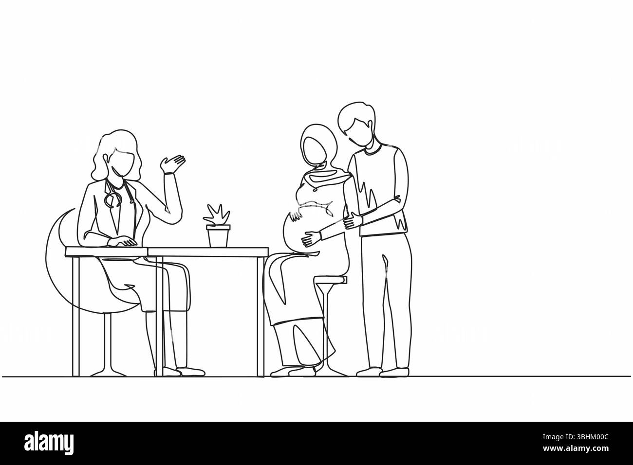Una sola linea che disegna la famiglia araba musulmana in attesa di un bambino che visita il medico isolato. Medico che consulta la donna incinta con il marito. conti moderni Illustrazione Vettoriale