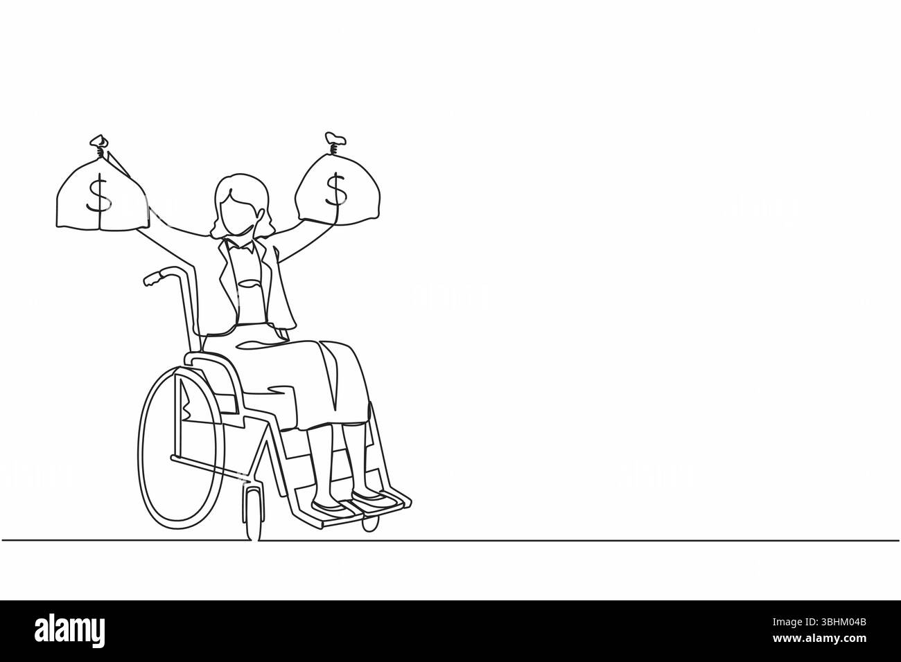 Una linea continua che attira una donna d'affari con un sacco di soldi. Indennità di assicurazione invalidità per le donne disabili in sedia a rotelle. Protezione pr Illustrazione Vettoriale