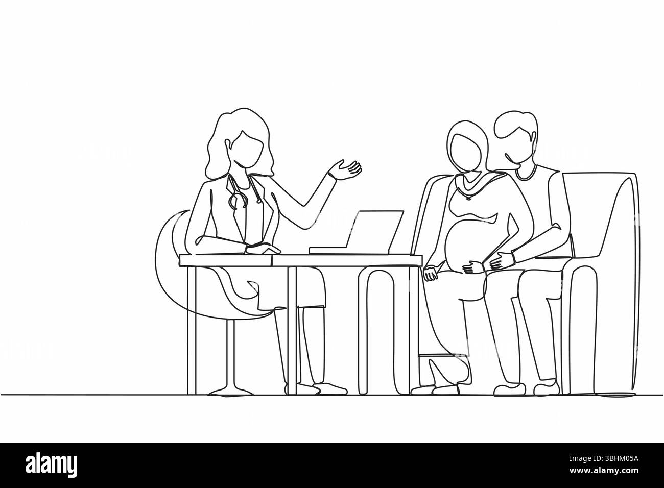 Singola linea continua disegno arabo donna incinta visita medico. Felice coppia persone in visita medica in ospedale, parlare con il medico. PR Illustrazione Vettoriale