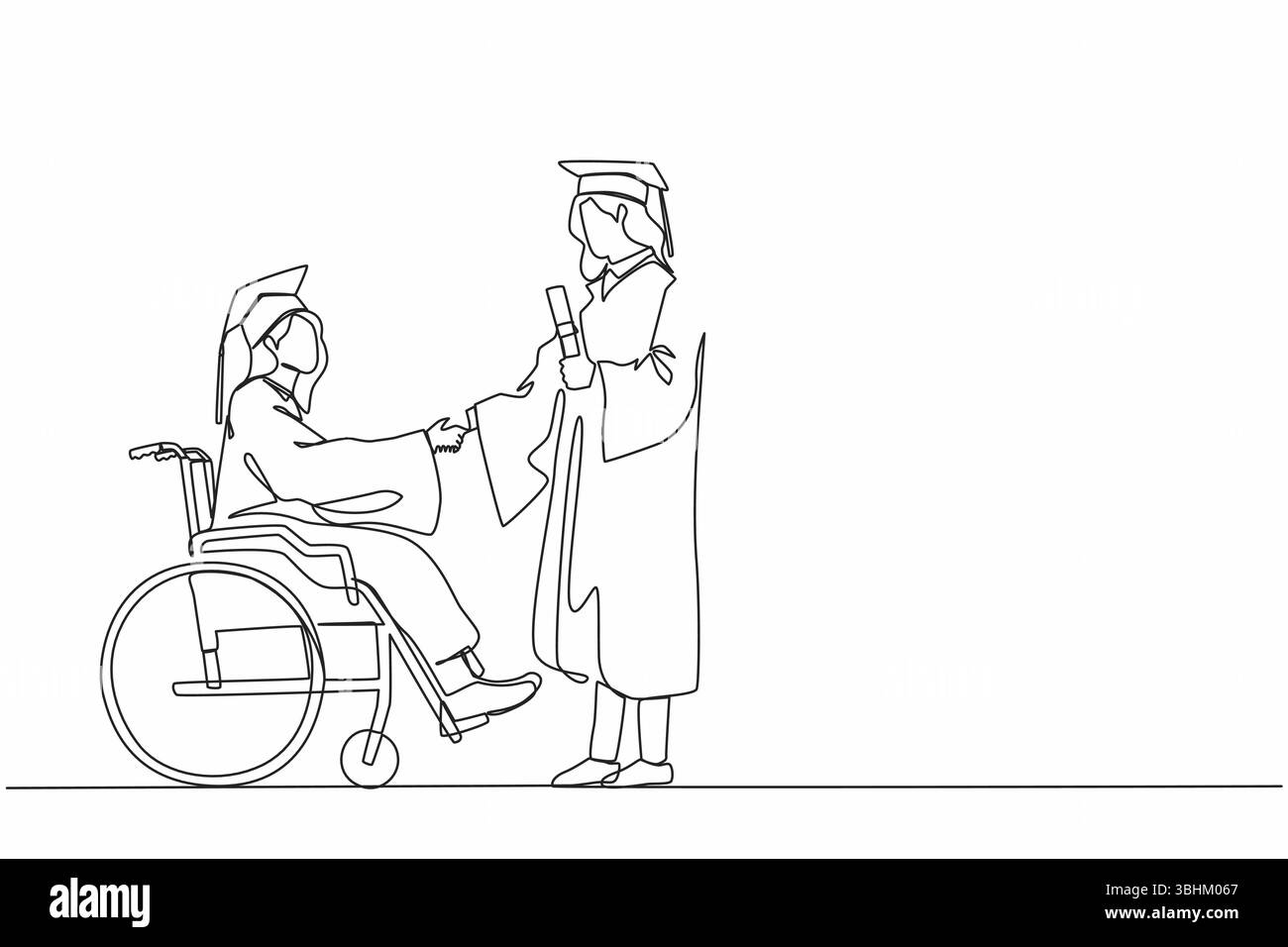 Una linea continua che disegna l'intera lunghezza di una studentessa laureata in sedia a rotelle che scuote la mano con una studentessa laureata in piedi e che tiene il diplom Illustrazione Vettoriale