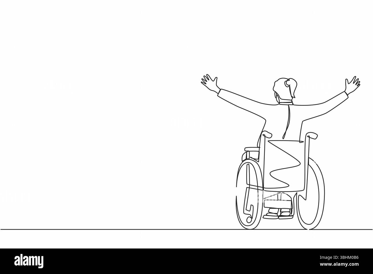 Una sola linea che disegna indietro la donna d'affari seduta in sedia a rotelle, alzando le braccia per felicità, concetto di riabilitazione. Persona felice che cresce il suo han Illustrazione Vettoriale
