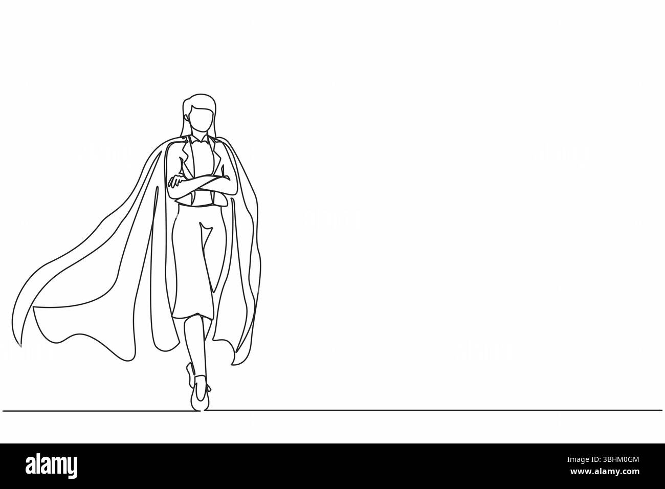 Disegno continuo di una linea determinata giovane donna d'affari o supereroe impiegato in un mantello. Il concetto di leadership e forza nel business. S Illustrazione Vettoriale