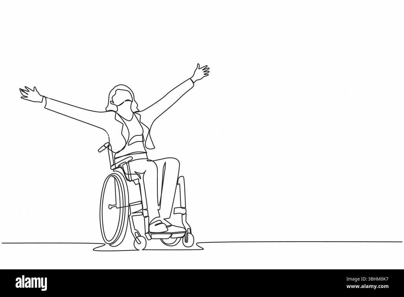 Una sola linea disegna una donna d'affari seduta su sedia a rotelle, alzando la mano nella felicità, concetto di riabilitazione. Persona felice che alza le mani in alto Illustrazione Vettoriale
