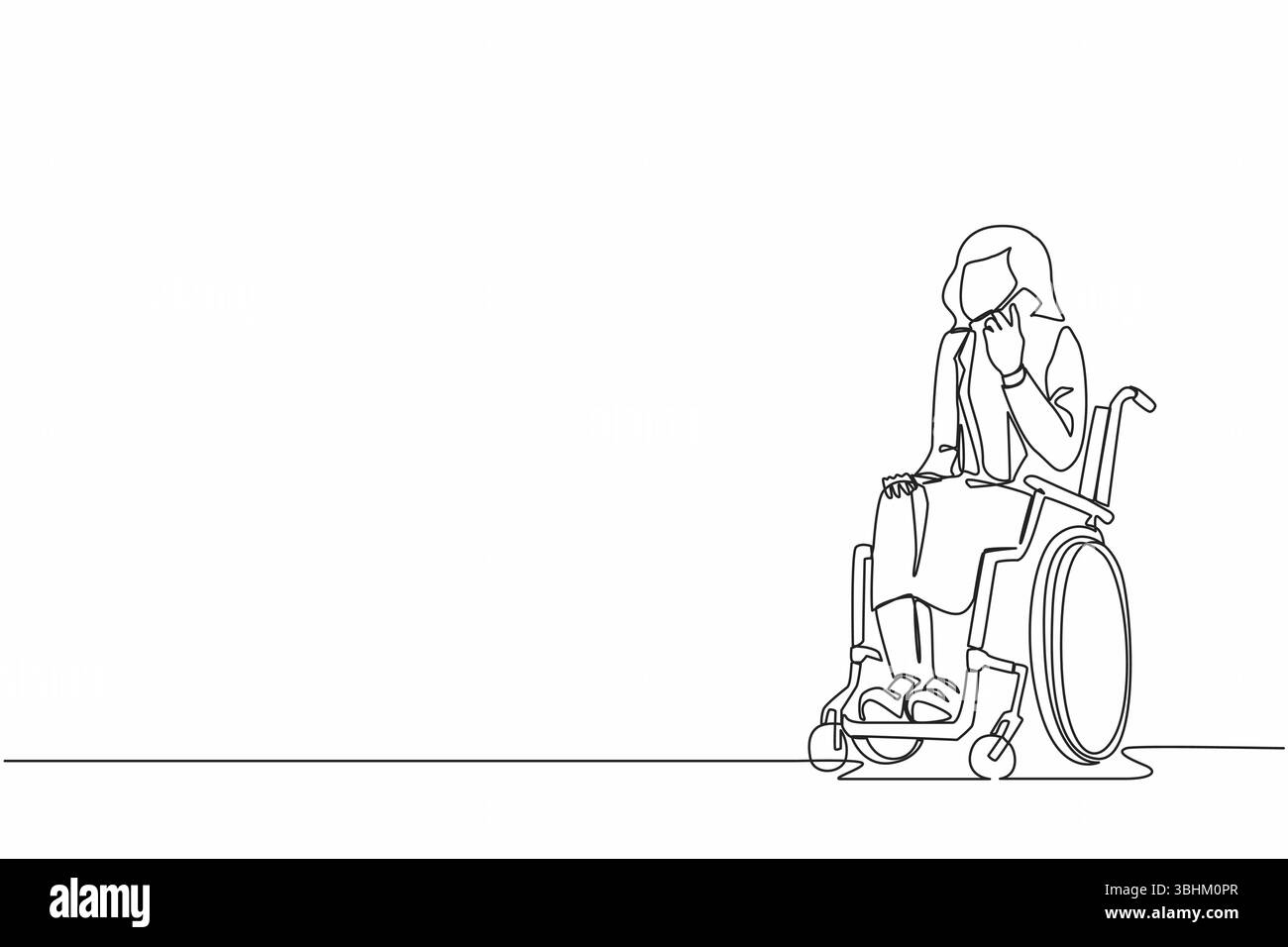 Una sola linea che disegna una ragazza disabile in sedia a rotelle che sta conversando al telefono mentre lavora da casa. Coraggiosa donna d'affari che parla con il cliente su mobi Illustrazione Vettoriale