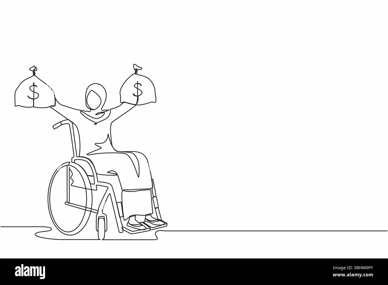 Una linea continua che attira una donna d'affari araba che tiene un sacco di soldi da un dollaro. Indennità di assicurazione invalidità per le donne disabili in sedia a rotelle. Protecti Illustrazione Vettoriale