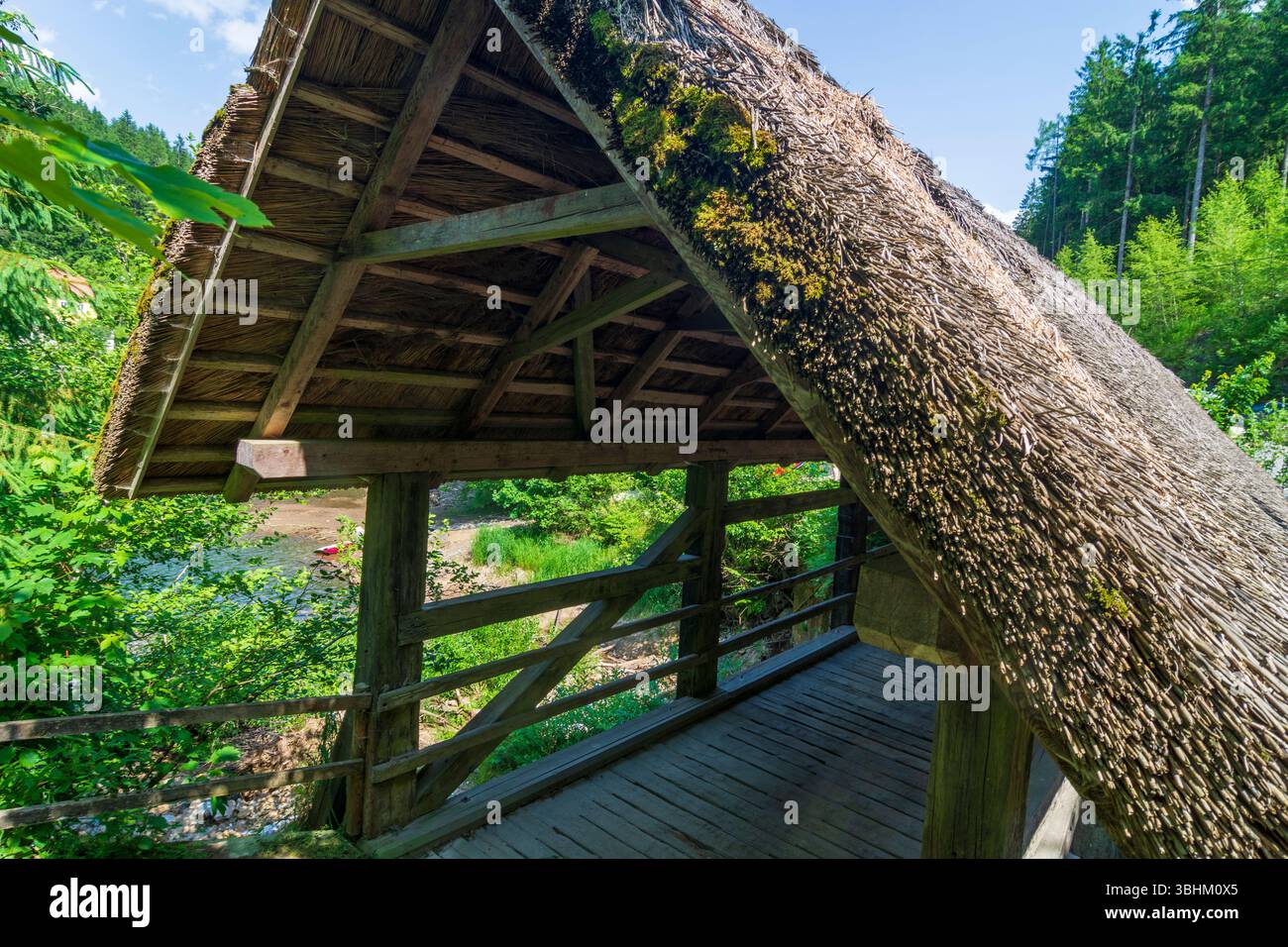 Edelschrott: Ströhberne Bruck’n (alto tedesco: Stroherne Brücke), ponte di paglia, presso il serbatoio Hirzmann-Stausee a Süd-Steiermark, Steiermark, Stiria, Au Foto Stock