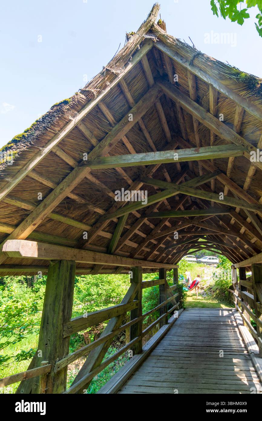 Edelschrott: Ströhberne Bruck’n (alto tedesco: Stroherne Brücke), ponte di paglia, presso il serbatoio Hirzmann-Stausee a Süd-Steiermark, Steiermark, Stiria, Au Foto Stock